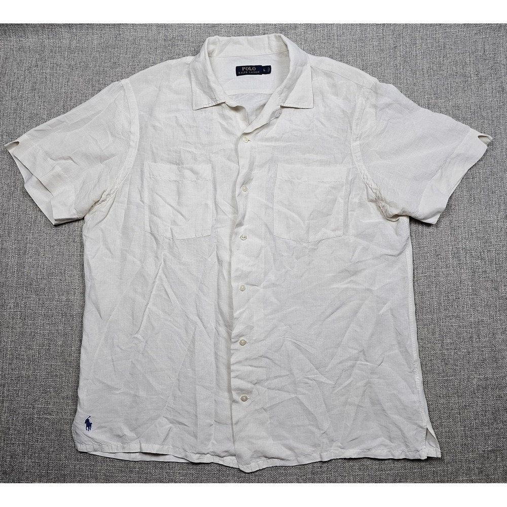 Polo Ralph Lauren Shirt Mens Large White Linen Silk Short Sleeve Camp Casual